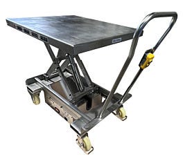 Stainless steel 1000kg portable lift cart angle view showing hydraulic controls and mobile casters
