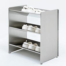 Stainless steel shoe rack with white cleanroom shoes on angled shelves