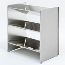 six-tiered stainless steel shoe rack with angled shelves