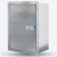 Front view of stainless steel storage cabinet with digital combination lock on door front panel