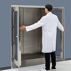 Open view of stainless steel storage cabinet with fully welded interior and adjustable shelves, ideal for cleanroom tools and sensitive materials.