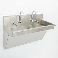 Two-station stainless steel scrub sink with hands-free faucets for medical and cleanroom use