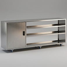 Stainless steel under counter multifunctional storage cabinet with lockable door, open shelving, and swivel casters