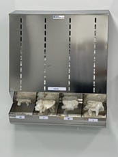 Wall-mount stainless steel glove dispenser filled with gloves for diabetes management