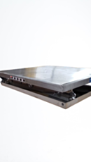Stainless steel washdown lift table in lowered position showing platform and control panel