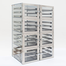 Static-Safe desiccator cabinet with faraday cage design and sliding trays