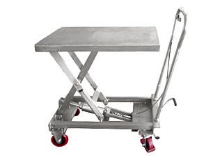 Stainless steel economy lift table side view showing scissor mechanism and hydraulic pump system
