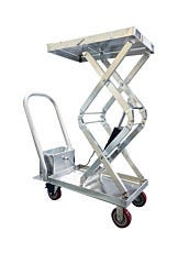 Stainless steel electric cleanroom double scissor lift table fully extended showing mechanism