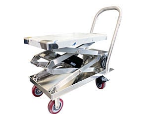 Stainless steel electric cleanroom single scissor lift table raised showing actuator and platform