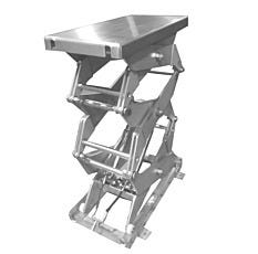 Stainless steel triple scissor lift table extended showing three-stage mechanism and tilt platform
