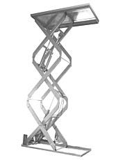 Stainless steel triple scissor lift table fully extended showing three-stage mechanism side view