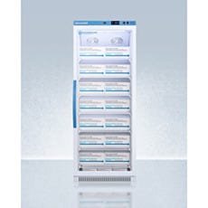 Upright vaccine refrigerator with glass panel door contains boxes inside
