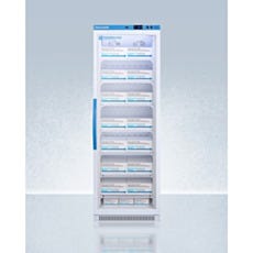 Upright vaccine refrigerator with closed glass panel door filled with boxes inside