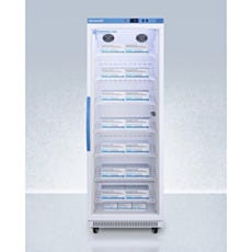 Upright vaccine refrigerator with closed glass panel door filled with boxes inside