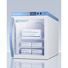 Angled compact refrigerator with closed glass panel door containing boxes inside
