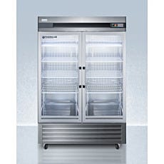 upright refrigerator with closed glass panel doors