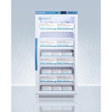 upright refrigerator with closed glass panel door contains boxes inside