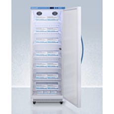 upright refrigerator open with boxes inside