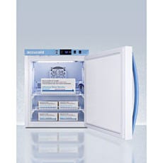 open compact refrigerator with boxes inside