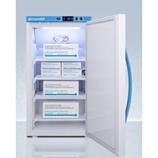 open compact refrigerator with boxes inside