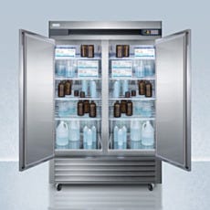 upright refrigerator with open doors