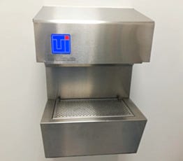 Automatic heated hand dryer with recirculating ULPA-filtered air in pharmacy cleanroom