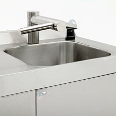 Touchless faucet, air dryer, and soap dispenser on stainless cleanroom hand wash station
