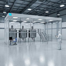 Cleanroom render with three mixing vats and person size reference