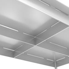 closeup underside view of stainless steel workstation with rib cutouts