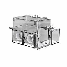 glovebox chamber with dual glove port openings and attached  airlock compartment
