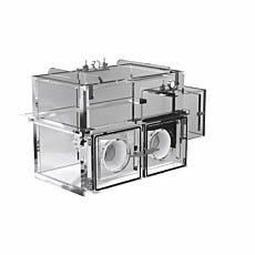 glovebox chamber with dual glove port openings and attached  airlock compartment