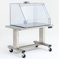 ValuLine polycarbonate benchtop ducted fume hood with tilt-up sash and duct collar