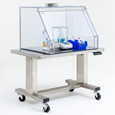 ValuLine polycarbonate benchtop ducted fume hood with lab equipment on work surface