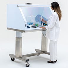 ValuLine polypropylene benchtop ducted fume hood with standing lab technician at work