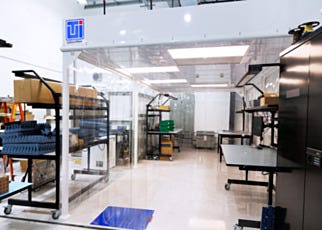 Exterior angle of ValuLine® softwall modular cleanroom with vinyl curtain walls
