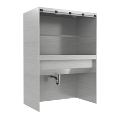 perspective angle view from the left side of a stainless steel enclosed wash station