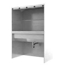 perspective angle view from the right side of a stainless steel enclosed wash station