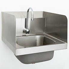 Steel wall-mounted sink with touchless faucet and side splash walls