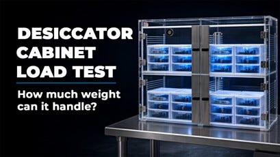 Plastic desiccator cabinet load test with incremental weight added to show construction strength