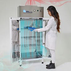 Unfiltered air is purified with the HEPA filtration system on top of the UV sanitizing cabinet
