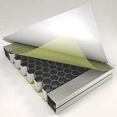 render of wall panel system bending up to show honeycomb core and all layers