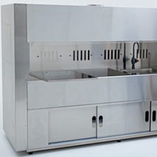 stainless steel wet station with laminar flow, ventilation, and removable perforated deck