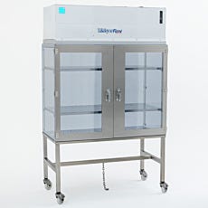 WhisperFlow vertical laminar flow hood with clear doors and mobile stand