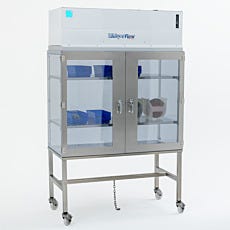 vertical laminar flow hood with clear doors and three shelves