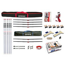 ZipWall dust barrier kit showing telescoping poles storage bags zippers and installation accessories