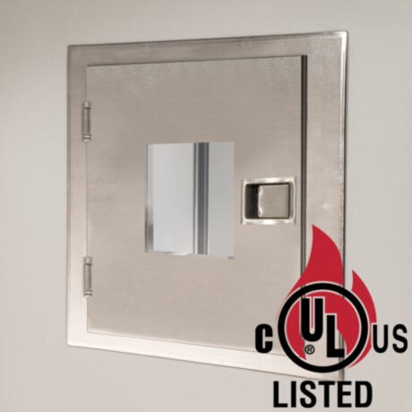 Fire-Rated Pass-Through Chamber; stainless steel, with window and concealed door interlock