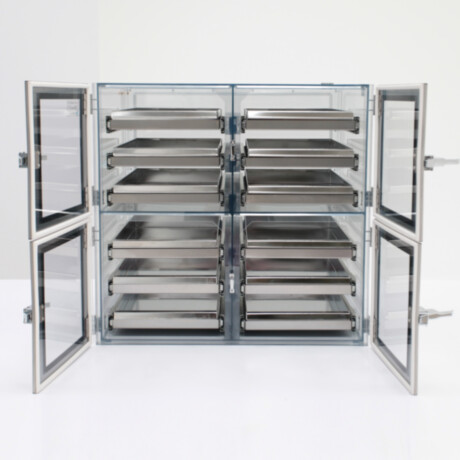 Semiconductor desiccator cabinet with faraday cage design and sliding trays