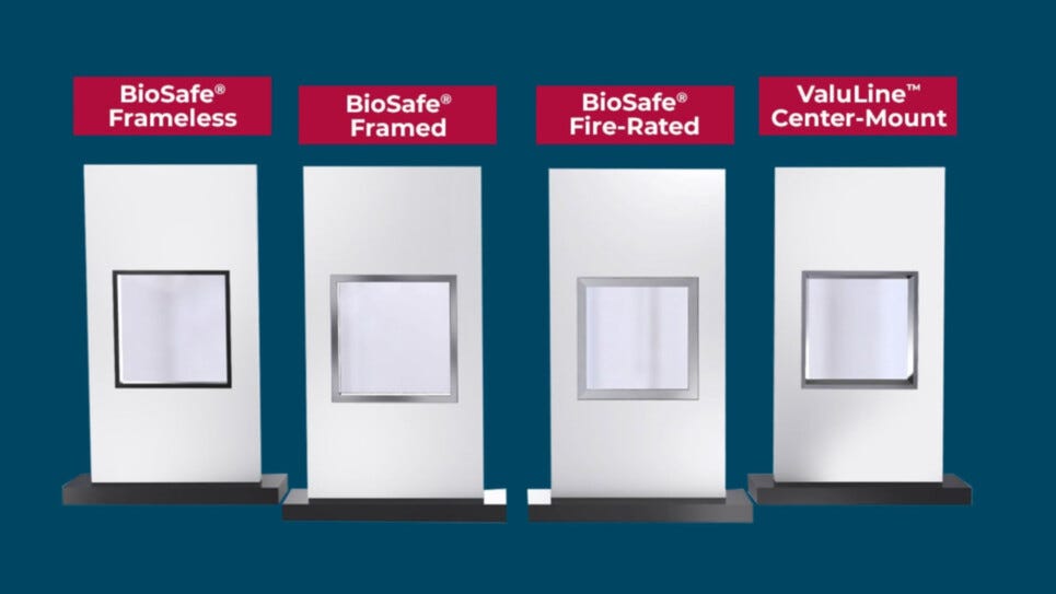 BioSafe cleanroom window video showing frameless, stainless steel framed, and fire-rated options