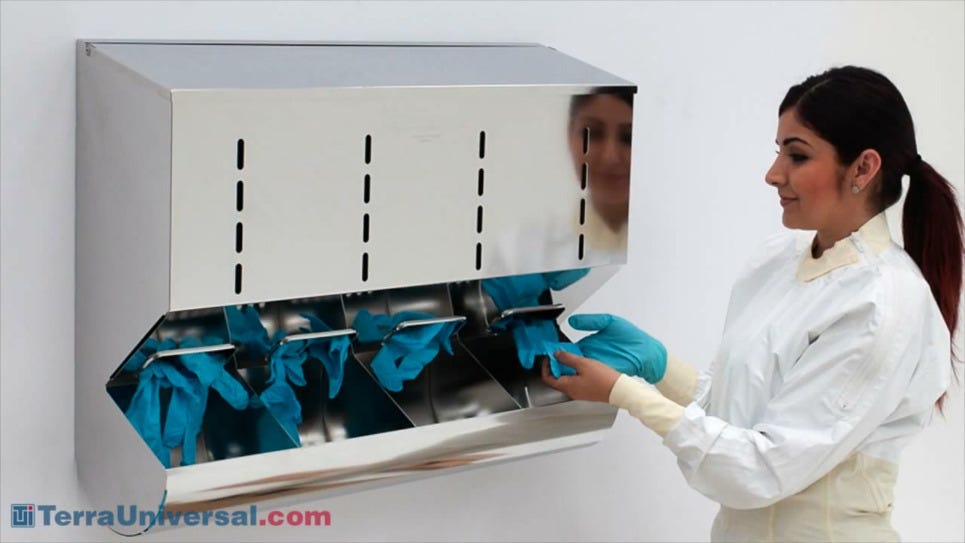 Cleanroom glove dispenser being shown in a short demonstration video