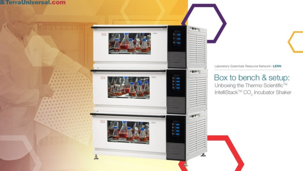 Box to bench and setup video: Unboxing the Thermo Scientific IntelliStack CO2 Incubator Shaker shows unpacking, inspecting, moving, positioning and operating conditions